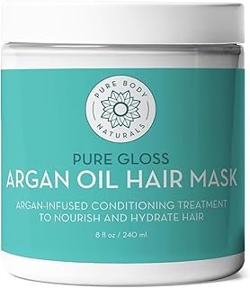 Pure Body Naturals Hair Mask, 8 Fluid Ounces - Argan Oil Deep Conditioning Treatment for Damaged Hair, Hair Growth, Curly Hair