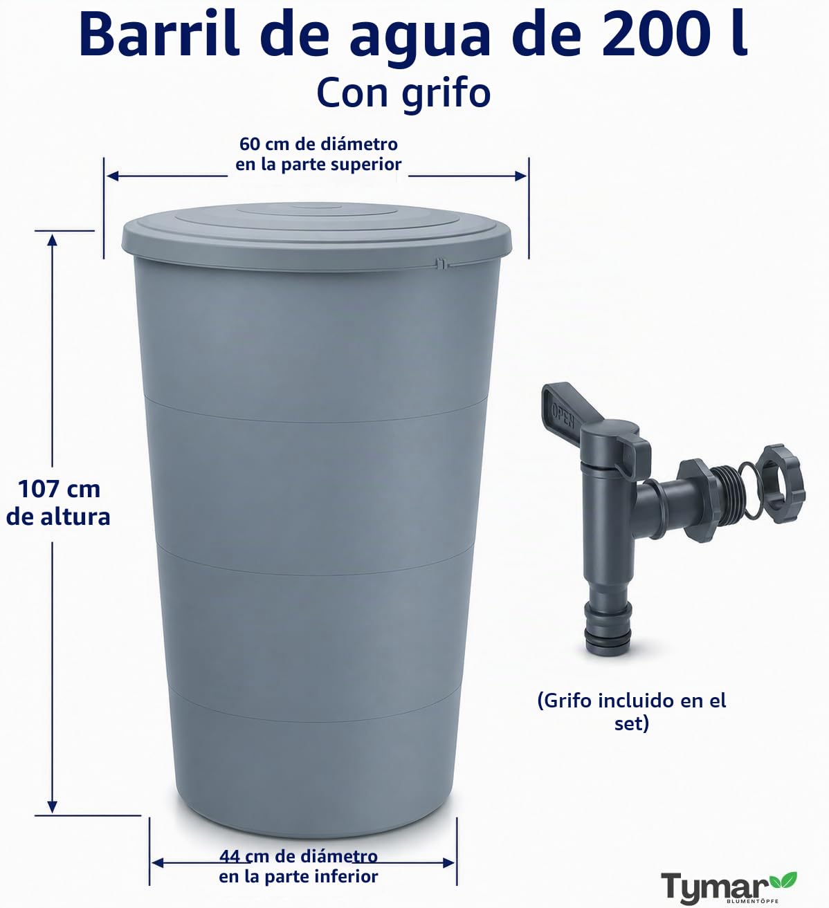 Tymar IDSM - Depósito de agua para lluvia (200 L, con grifo, depósito de agua de lluvia para jardín y balcón, diámetro 60 x 107 cm)