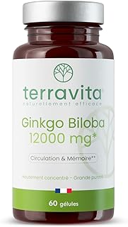 GINKGO BILOBA Extra Fort | Circulation Sanguine - Mémoire - Concentration - Acouphènes | Extrait 50:1 Hautement Dosé 12000 mg par Gélule | 60 Gélules Vegan | Made in France | Terravita