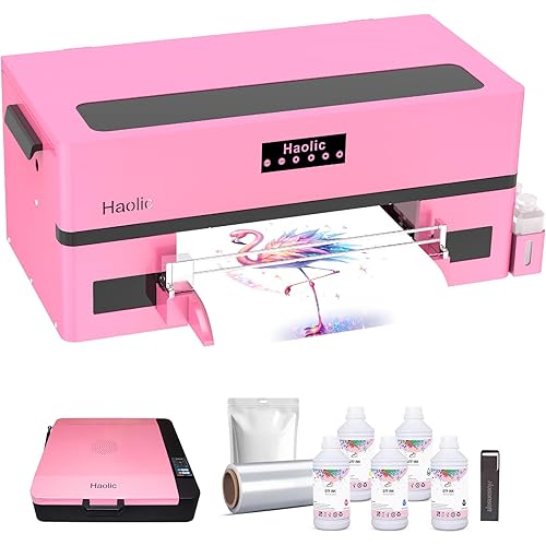 DTF Pink Printer XP600 for T-Shirt Printing 13-inch Transfer Printing Machine with White Ink Circulation Full Bundle for Small Business (Printer+A3 Oven+Roll Film+6x1000ml Ink+Hot Melt Powder)