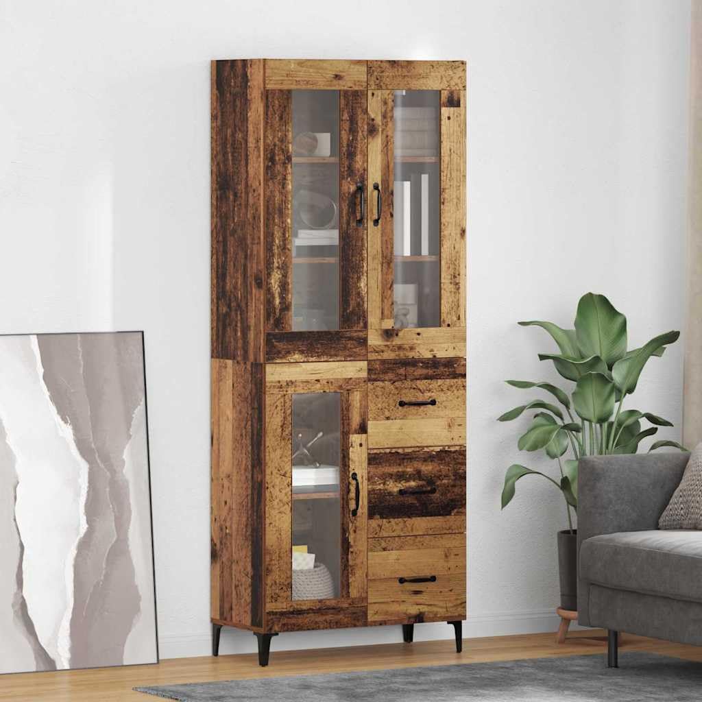 Komoda montowana na ścianie z materiału drewnopochodnego o wyglądzie starego drewna, 69,5 x 34 x 180 cm, z szufladą i drzwiami, nowoczesny kredens do salonu i kuchni
