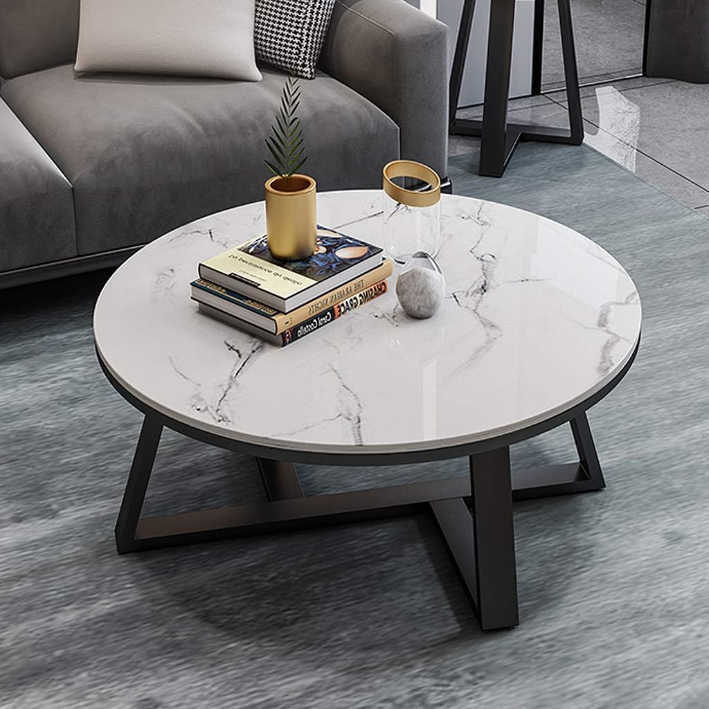 Side Table/End Table,Nordic Light Luxury Marble Table Top and Black Metal Stand，Modern Minimalist Style