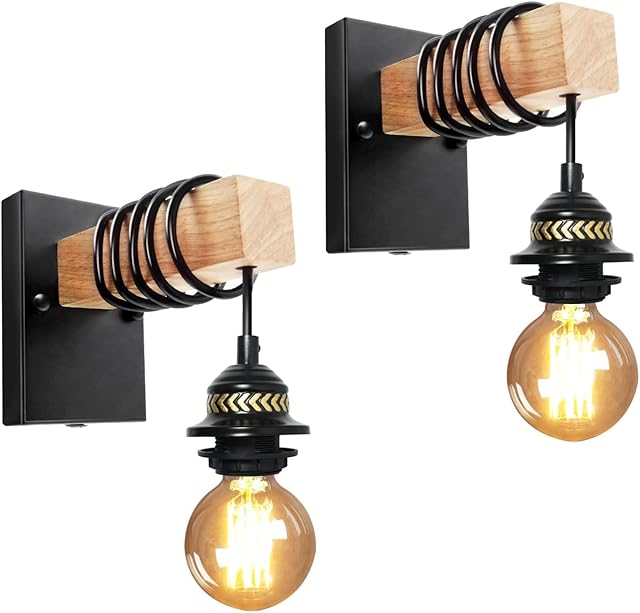 Industrial Wall Light, 2 Pack E26/E27 Vintage Wall Lamp, Retro Indoor Wall Light, Wooden Metal Wall Sconce with 120CM Winding Wire and Lampshade Ring, Bedroom Bedside Reading Sconce