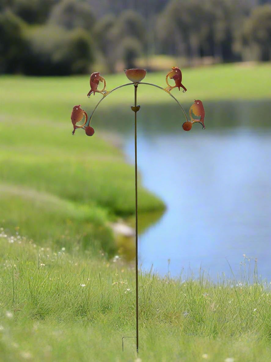 Marissa's Garden & Gift Copper Garden Wind Spinner Stake With Birds, Metal Decorative Yard Art, -Coloured. Handmade Powder Coated Robin Sculpture Rocker And Rain Catcher Standing At 150Cm Tall