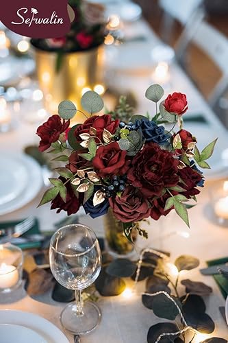 Miniatura 5 de Serwalin Flores artificiales burdeos azul marino, flores falsas de boda, flores de pastel para bricolaje, ramos de boda, centros de mesa de