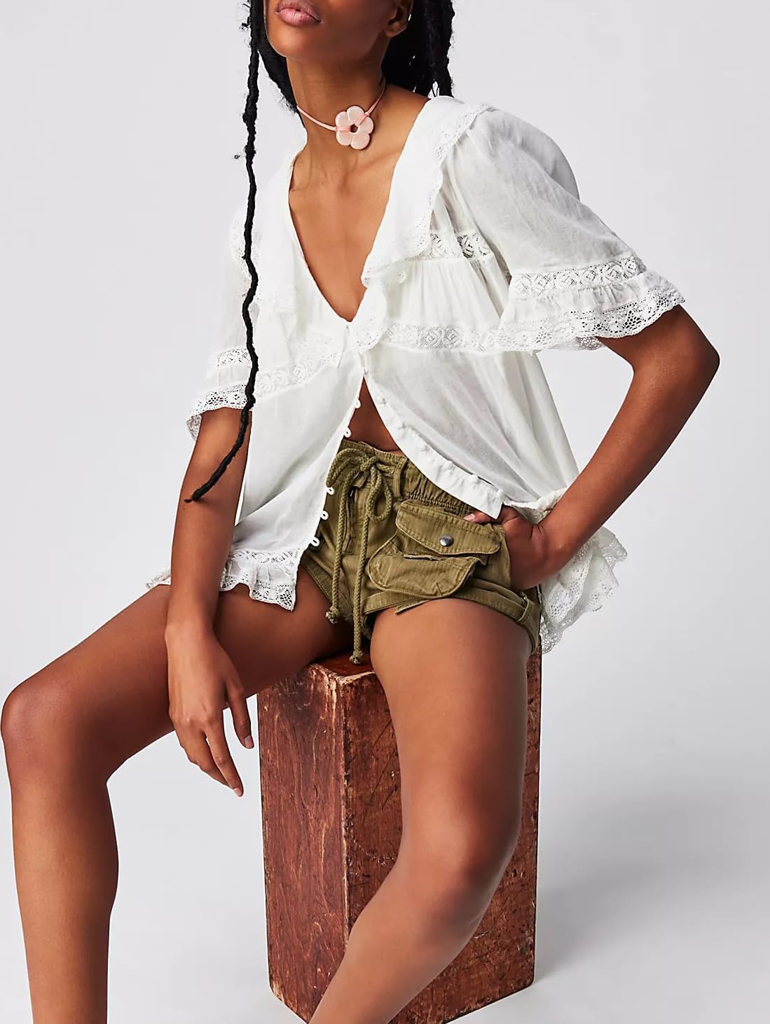 Women’s Tie Front Ruffle Boho Tops Flowy Sheer Short Sleeve Lace Blouse Y2k Embroidered Babydoll Button Down Shirts - Image 4