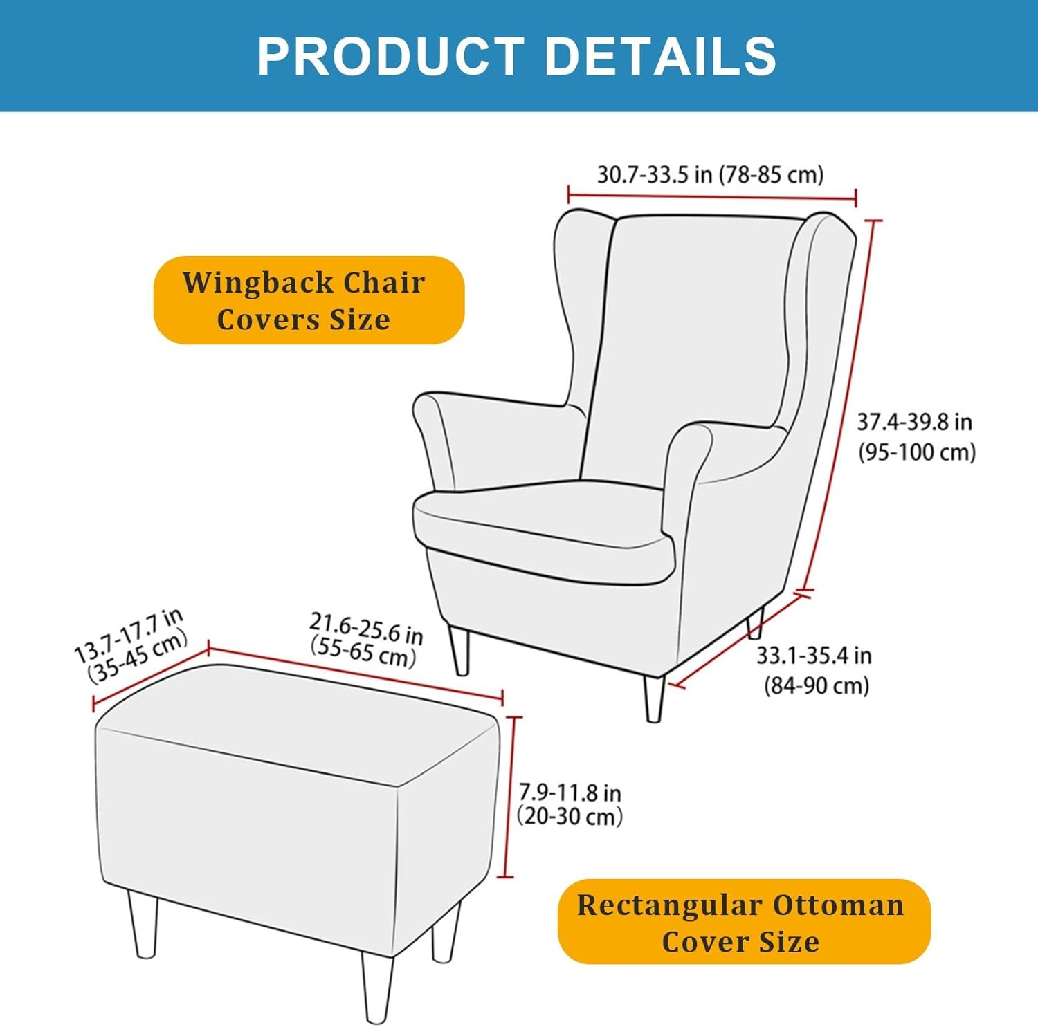 Stretch Wingback Chair Covers Set Stretch Printing Ottoman Slipcover 2 Pieces Armchair Slipcovers with Arms and and Rectangle Storage Stool Cover Houndstooth