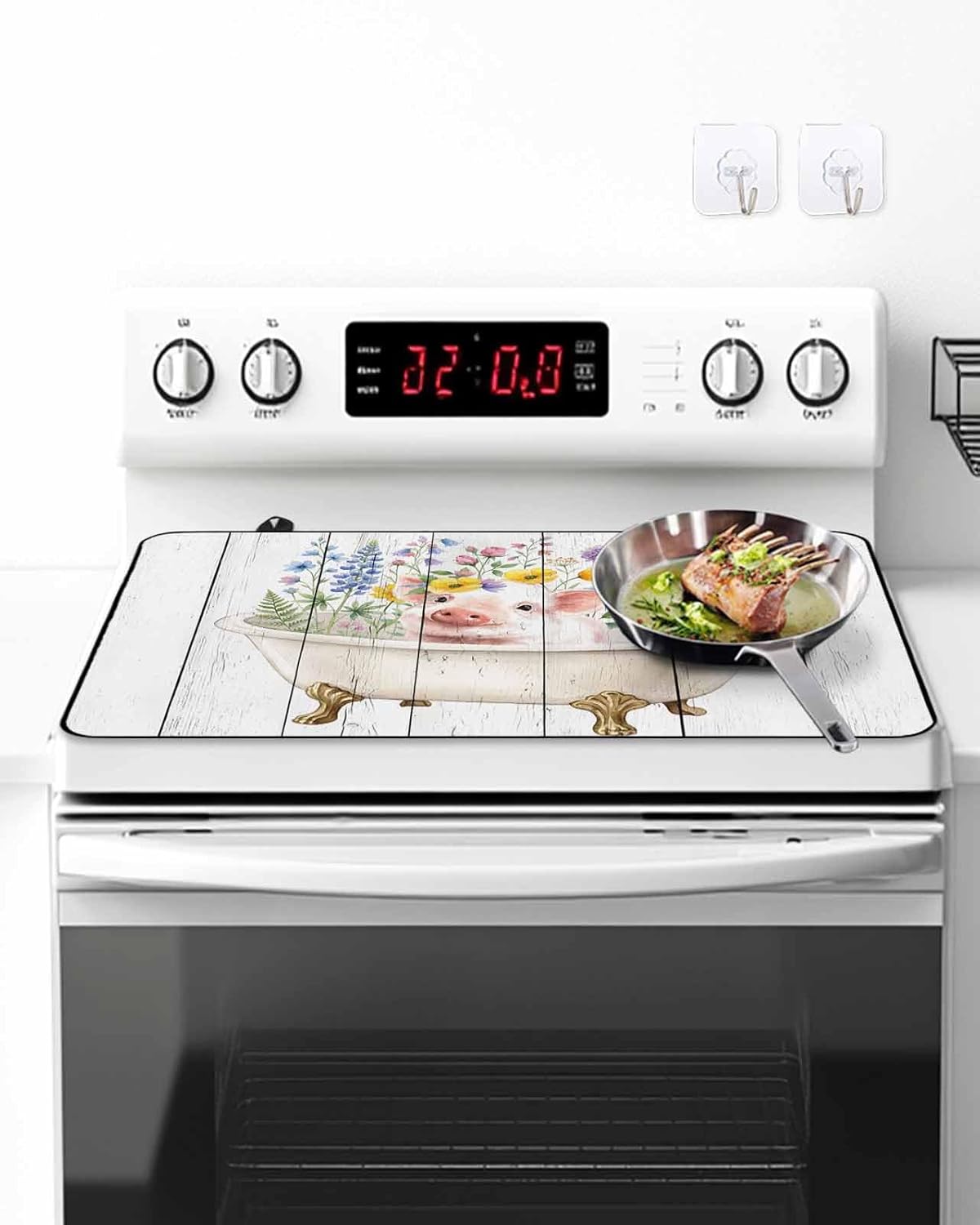 Farm Stove Cover for Electric Stove, Watercolors Animal Bath Cute Pig Wildflowers Wood Grain Stove Top Cover for Glass Top, Heat Insulation Rubber Mat Foldable Cooktop Top Protector, 36"x21"