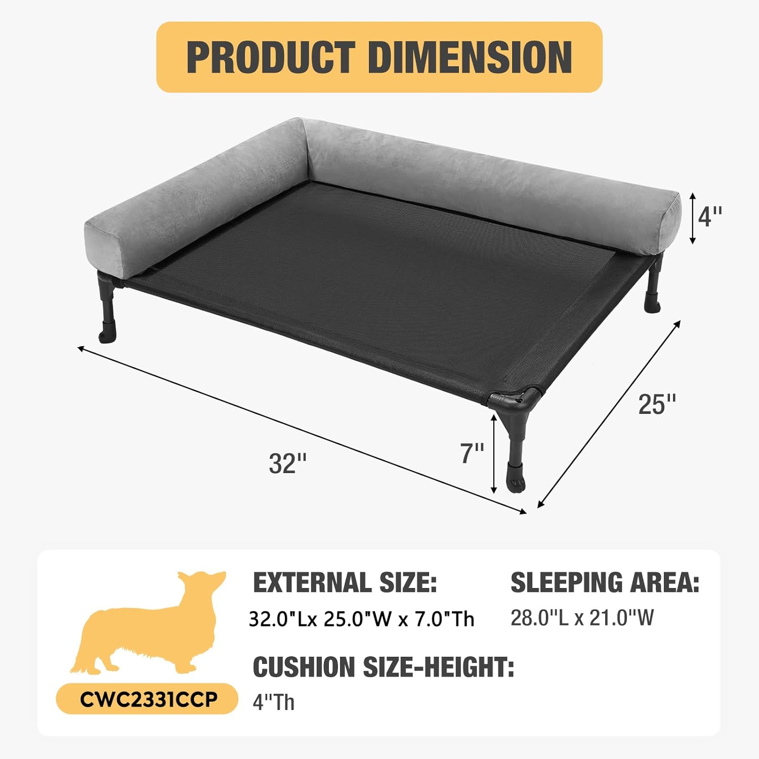 Veehoo Elevated Dog Bed-Raised Cooling Outdoor Dog Cots Beds for Medium Sized Dogs Outside Dog Bed Off Ground with Breathable Mesh & No-Slip Feet Dog Hammock Bed with Removable Bolster-32 x25 Black