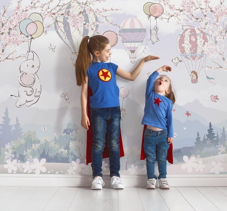 Big Elephant Wallpaper Mouse Rabbit Hedgehog Animals Free on Sky Pink White Flowers Prepasted Paper Stick Wall Design 100" H x 150" W