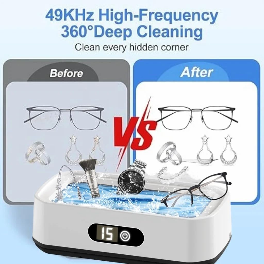 Ultrasonic Jewelry Cleaner, 48KHz Ultrasonic Cleaner Machine for Jewelry, 304 Stainless Steel 12oz Cleaning Pod for Glasses, Rings, Retainers, Watch Strap, Dentures