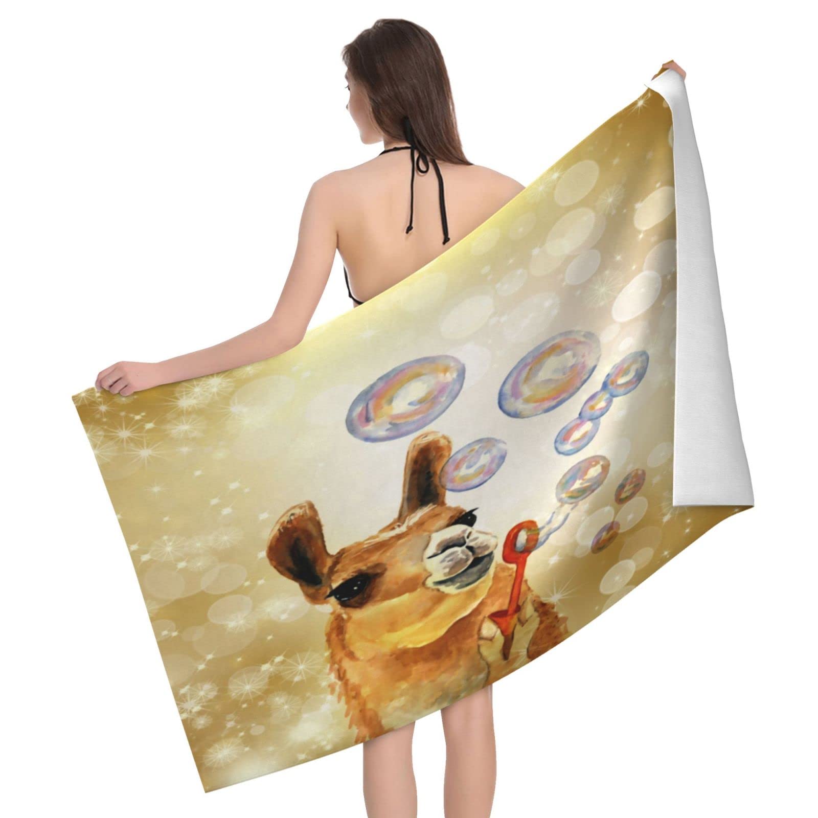 Lawenp Llama Blowing Bubbles Beach Towel, Lightweight Sand Free Quick Dry Microfiber Absorbent Bath Towel for Kids, Adults, Swimming, Bath, Yoga, Pool, Travel, Camping 32"X52"