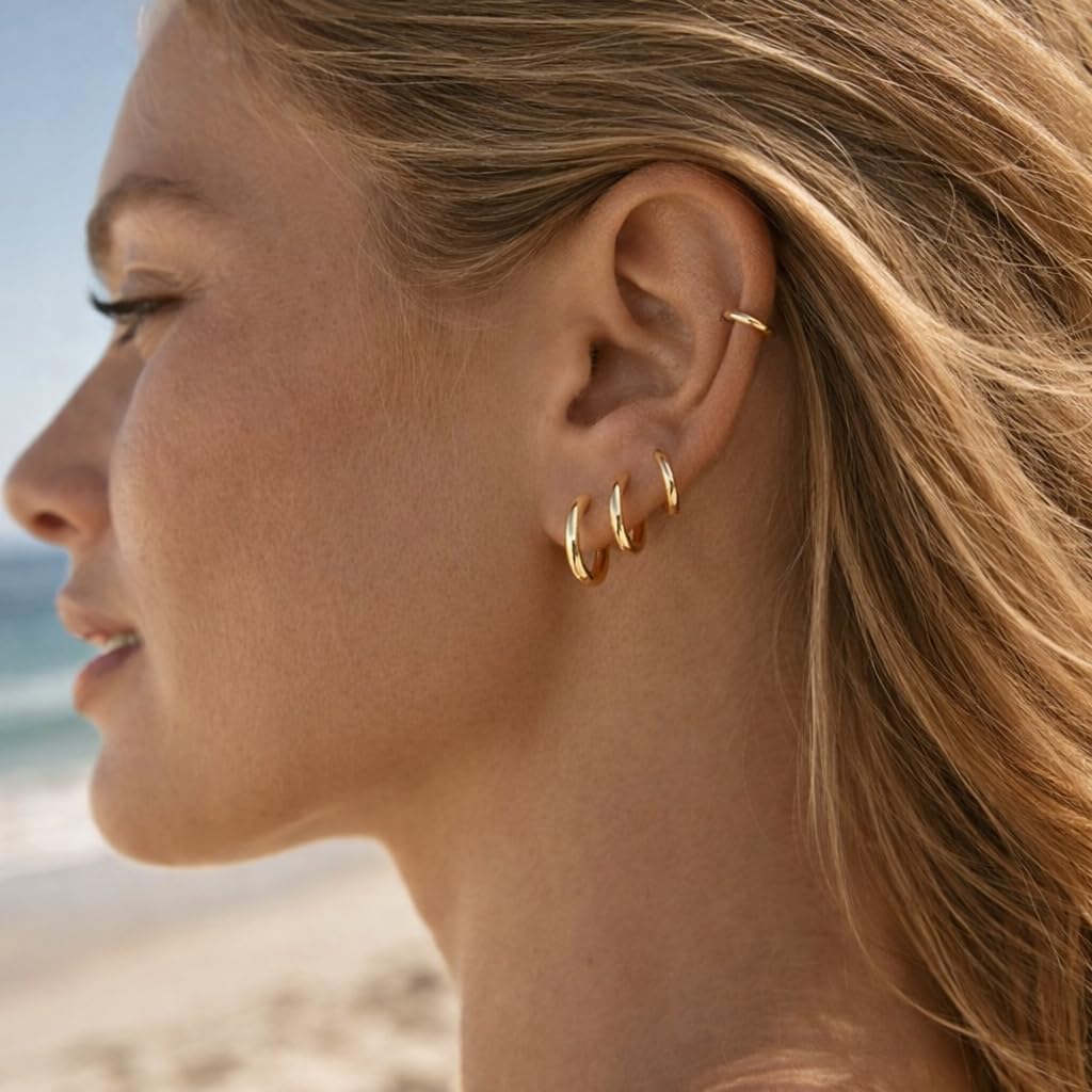 Small Gold Huggie Hoop Earrings Set for Women Men, Hypoallergenic 14K Gold Plated Hoop Earring Cartilage Earrings Stack Sets for Multiple Piercing Jewelry Cute Mini Tiny Lightweight Earrings for Sensitive Ears Everyday - Image 3