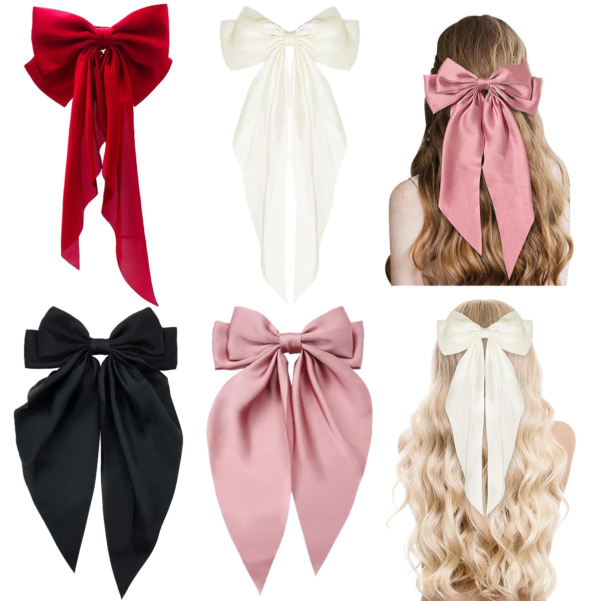 EniLsa 4 Pieces French Bow Hairpin Large Bow Soft Silky Satin Hair Clip Sweet Bow Hairpin Set Long Tail French Ribbon Hair Pins Fashion Headwear Birthday Gift for Women