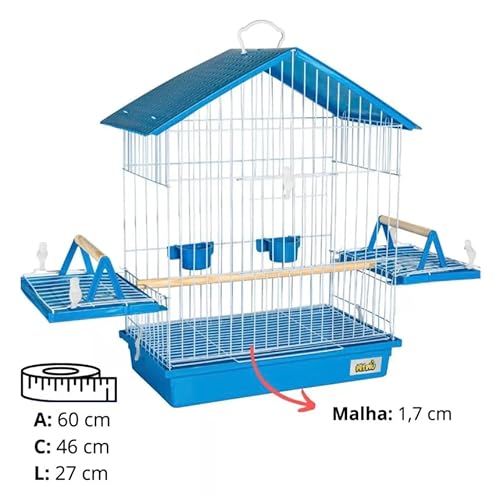 Gaiola/Viveiro para Calopsita, Periquito, Pássaros, Aves. Com poleiros - Grande - Modelo Luxo (Azul)