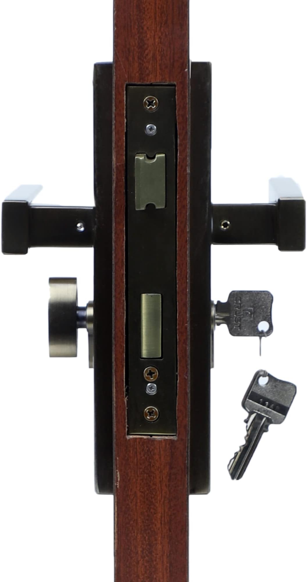 Blue Space LB - 1007 Premium 8 Inch Cylindrical Plate Mortise Door Lock Handle Set with Brass Lock Body and One Side Key 60mm Brass Cylinder with 3 Brass Computer Keys/Finish Antique Brass