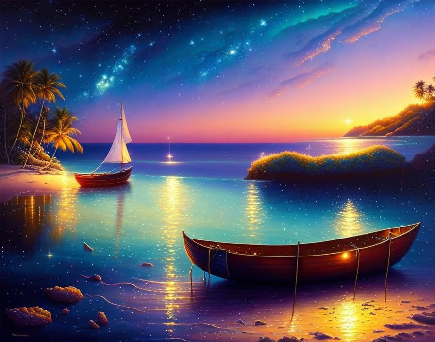 Poster île paradise ciel étoilé mer calme message 50x70cm