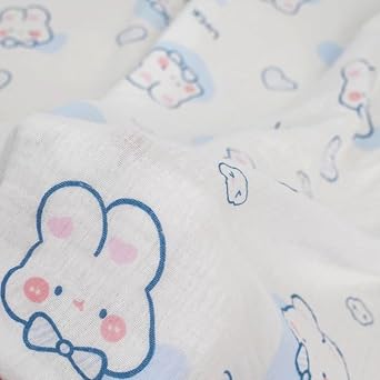 Cotton Fabric 63 Width Printed Double Gauze Cotton Fabric for Apparel, Swaddles, Crafts, Home, Photoshoots, DIY, Cut by The Yard Blue Bow Tie Rabbit