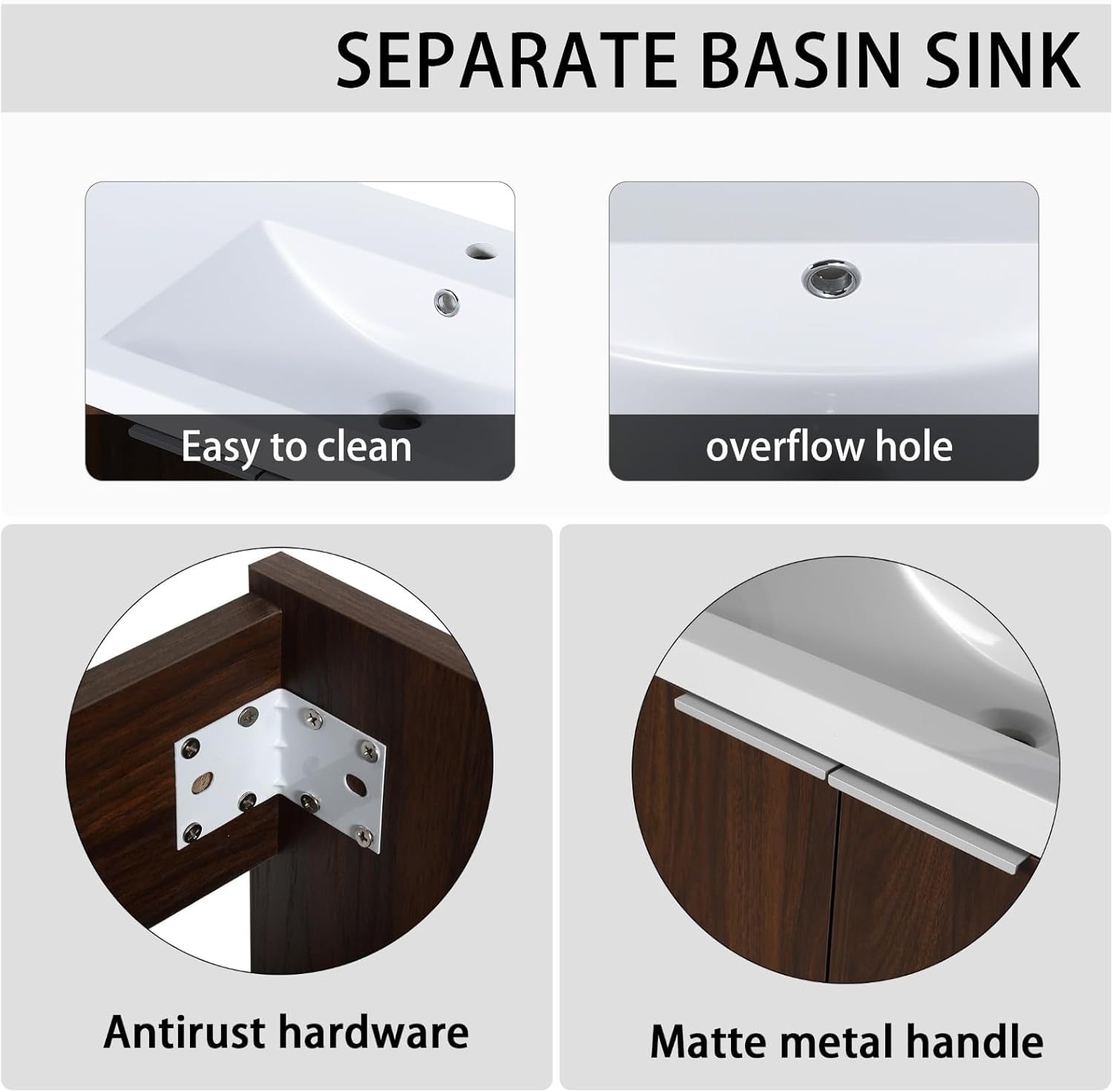 Floating Bathroom Vanity, 30" Bathroom Storage Cabinet with Resin Sink & 2 Soft-Close Doors, Modern Wall-Mounted Vanity Combination with Wood Grain Panel & Silver Metal Handles, Walnut