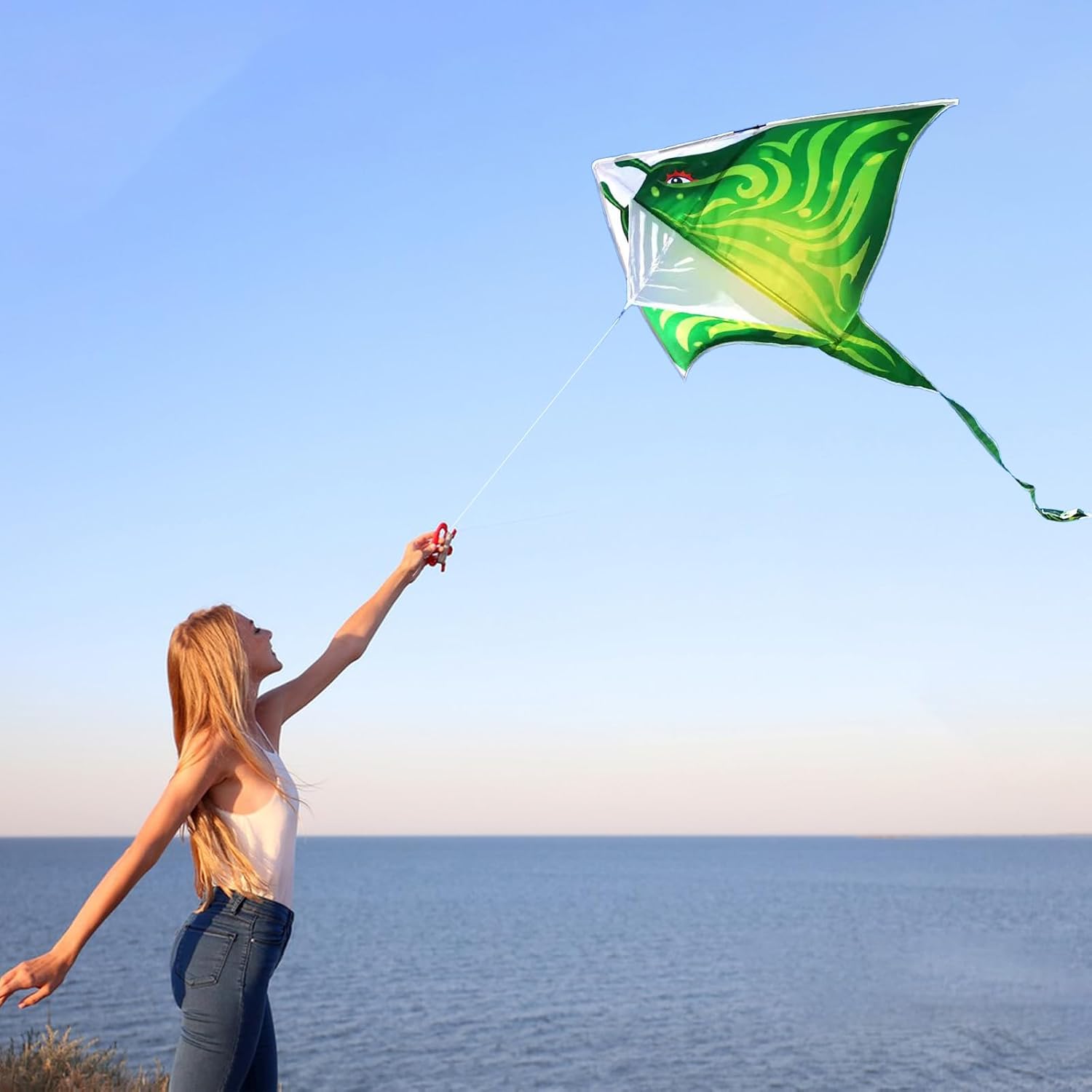 Mint's Colorful Life 2 Pack Devil Fish Kites and 2 Pack Kites String Reel Winders for Kids Adults，Easy to Fly Delta Kite Single Line Large, Kite Handle Include