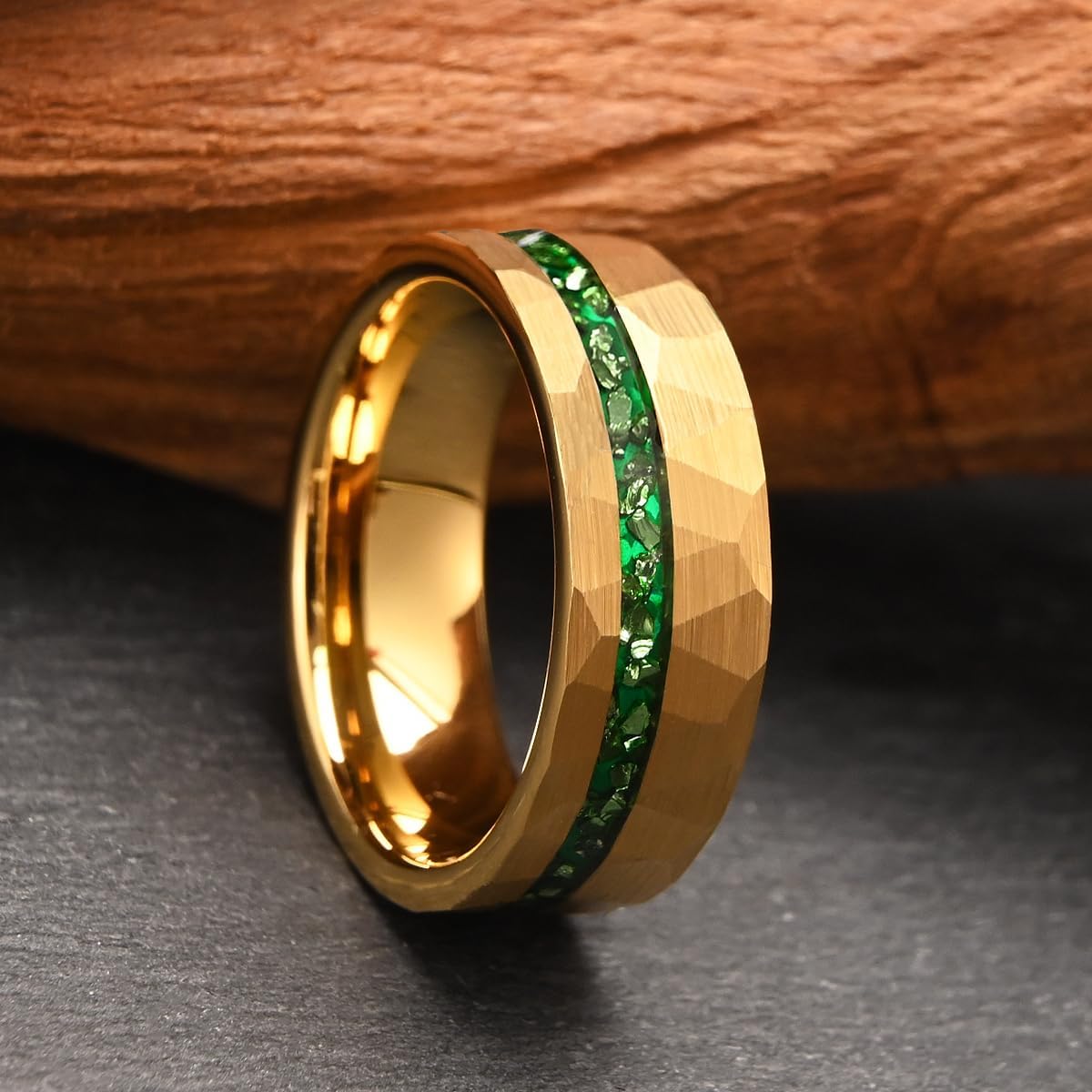 Black Hammered Tungsten Carbide Rings for Men Women 8mm Engagement Wedding bands Matte Brushed inlaid Gold Foil Meteorite Fragments Comfortable fit