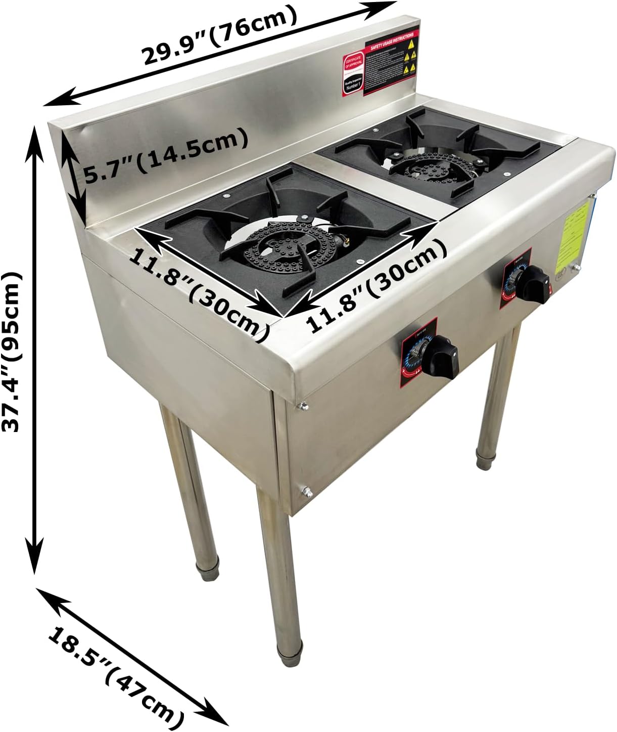 Commercial Dual Burner Liquefied Gas Stove, 11.8"*11.8" Single Work Area, Stainless Steel Gas Wok Range for Restaurant Kitchen