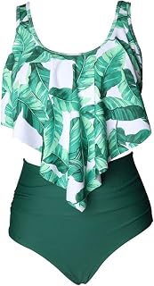 Darkey Wang Women High Waisted Bikini Swimsuit Two Piece Ruffled Flounce Bathing Suit Top with Swim Bottom