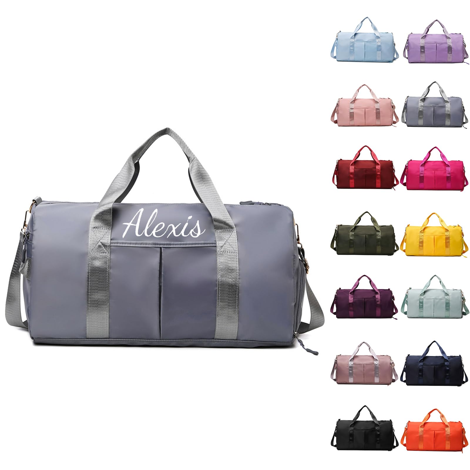 Personalized Gym Bag, Embroidered Travel Bag with Trolley Sleeve, Waterproof Sports Bag with Shoe Compartment, Duffle Bag for Women Weekender Bag Overnight Bag for Hospital and Swimming (Grey)
