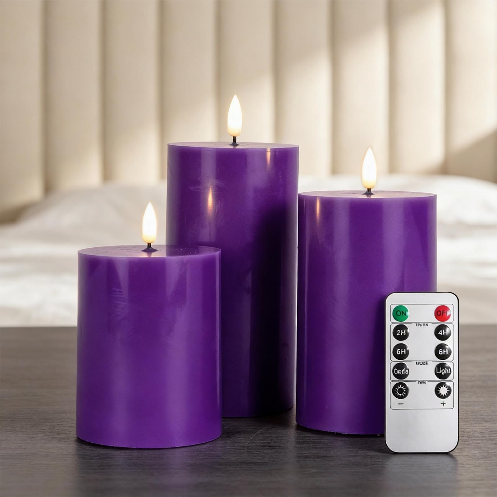 RanBluu 3 Pack LED Candles with Remote Control & 24 Hour Timer, Flameless Real Wax Pillars, Flickering Candles for Birthday/Party/Wedding, Purple