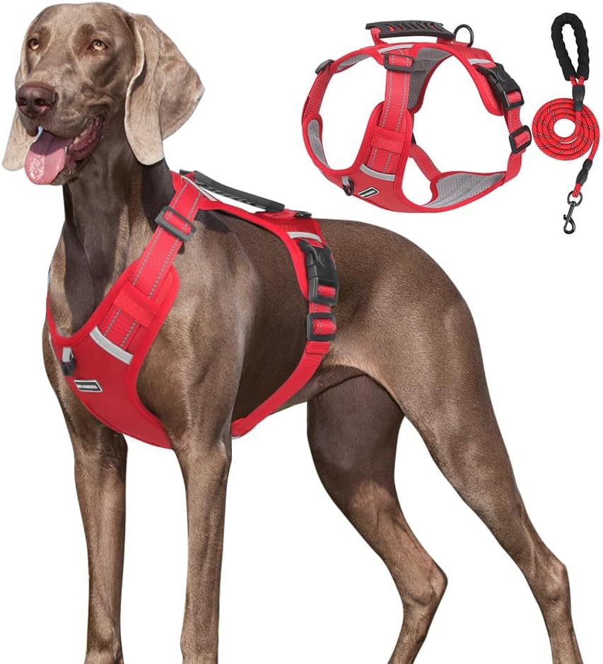 Dog Harness No Pull Adjustable Reflective,for Medium and Large Small Dog with Leash 59.06in (Red, L)