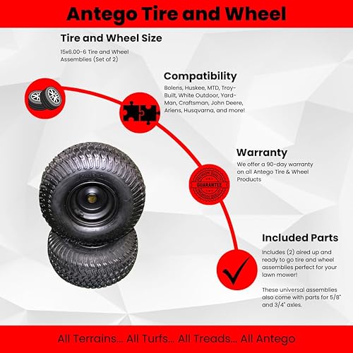 Miniatura 4 de Juego de 2 neumáticos y ruedas de 4 capas para cortacésped y jardín, ajuste universal de 15 x 6.00-6, rodamiento de .75 pulgadas (ATW-003)