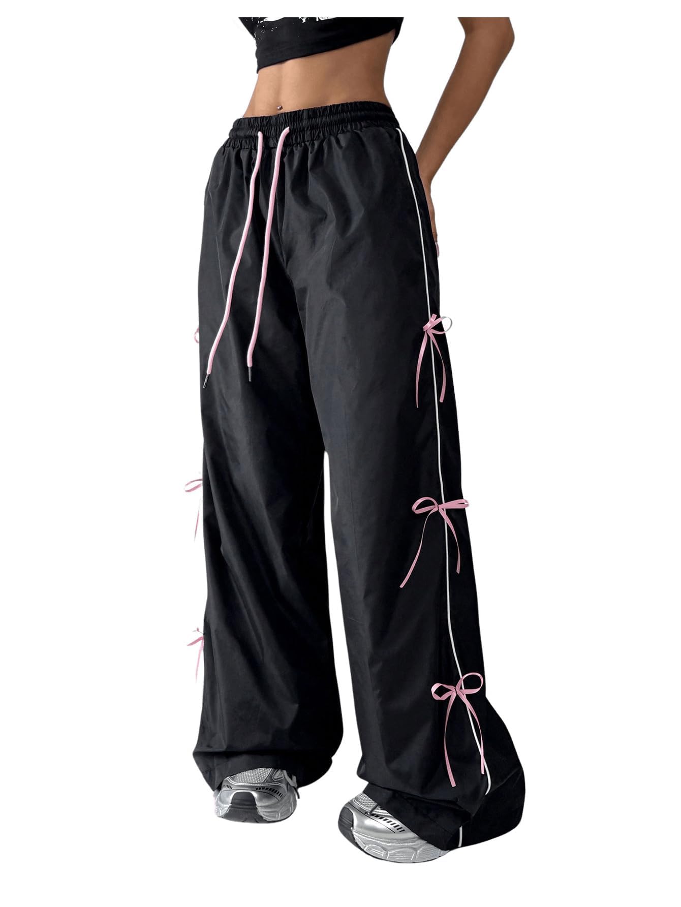 SHENHE Womens Bow Colorblock Wide Leg Pants Drawstring Elastic Waist Streetwear Pants