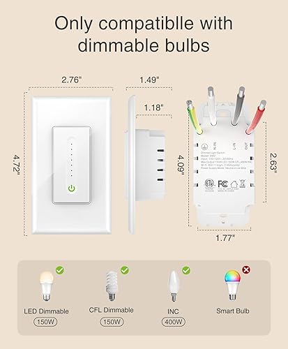 Miniatura 6 de GHome Interruptor de atenuación inteligente funciona con Alexa Google Home, interruptor Wi-Fi de un solo polo de 2.4 GHz para bombillas LED CFL INC,