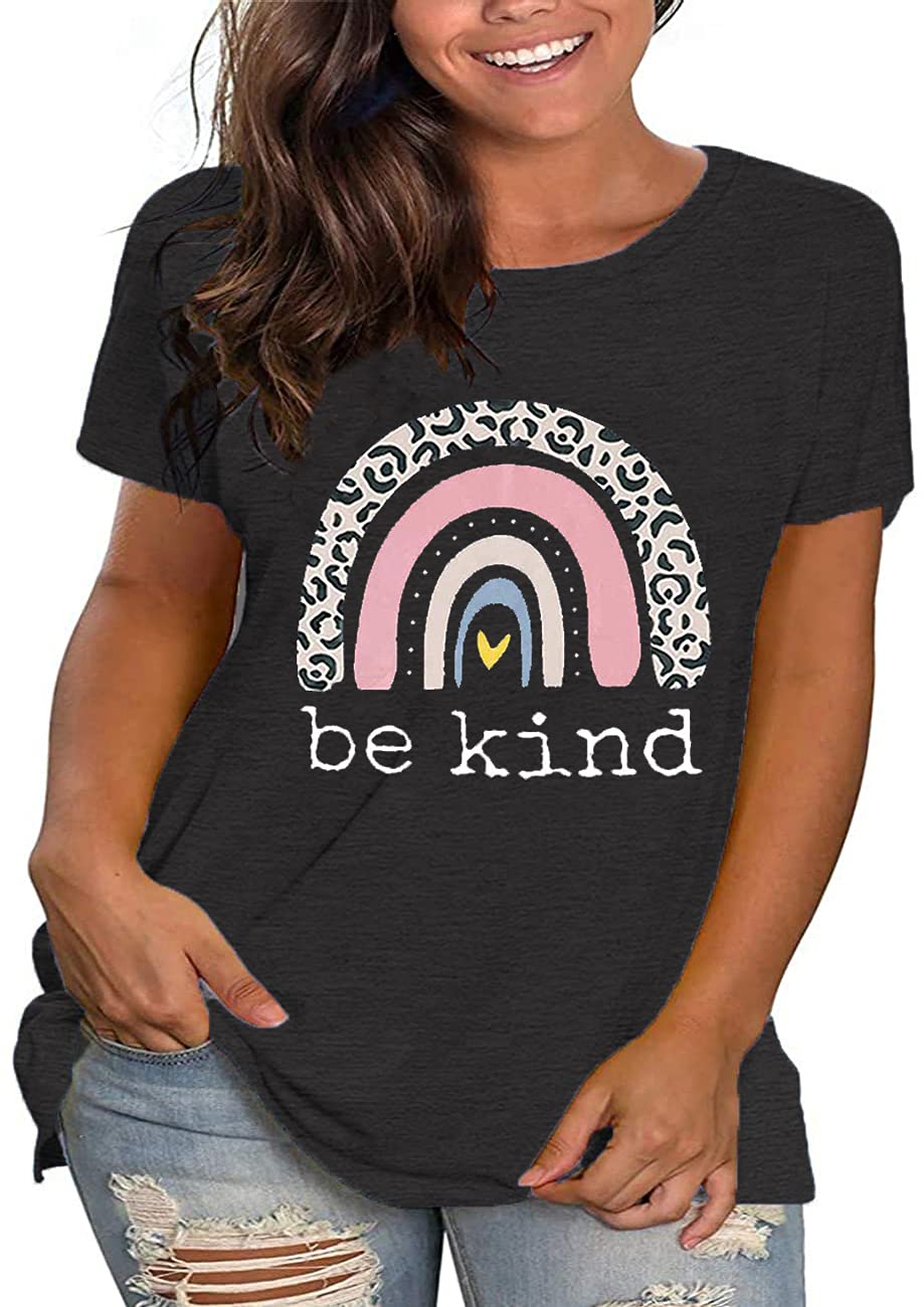 Plus Size Be Kind Tshirt Women Cute Rainbow Graphic Tees Funny Teacher Shirts Short Sleeve Inspirational Kindness Shirt
