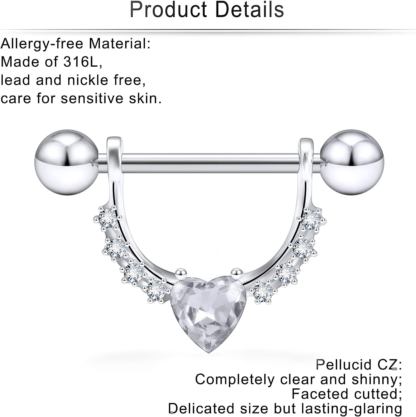 Cisyozi 14G Round CZ Heart Shaped Nipple Jewelry - Stainless Steel Nipple Tongue Ring Barbell Piercing Jewelry for Women - 14mm Silver Rose Gold Colorful 9Pairs - Image 3