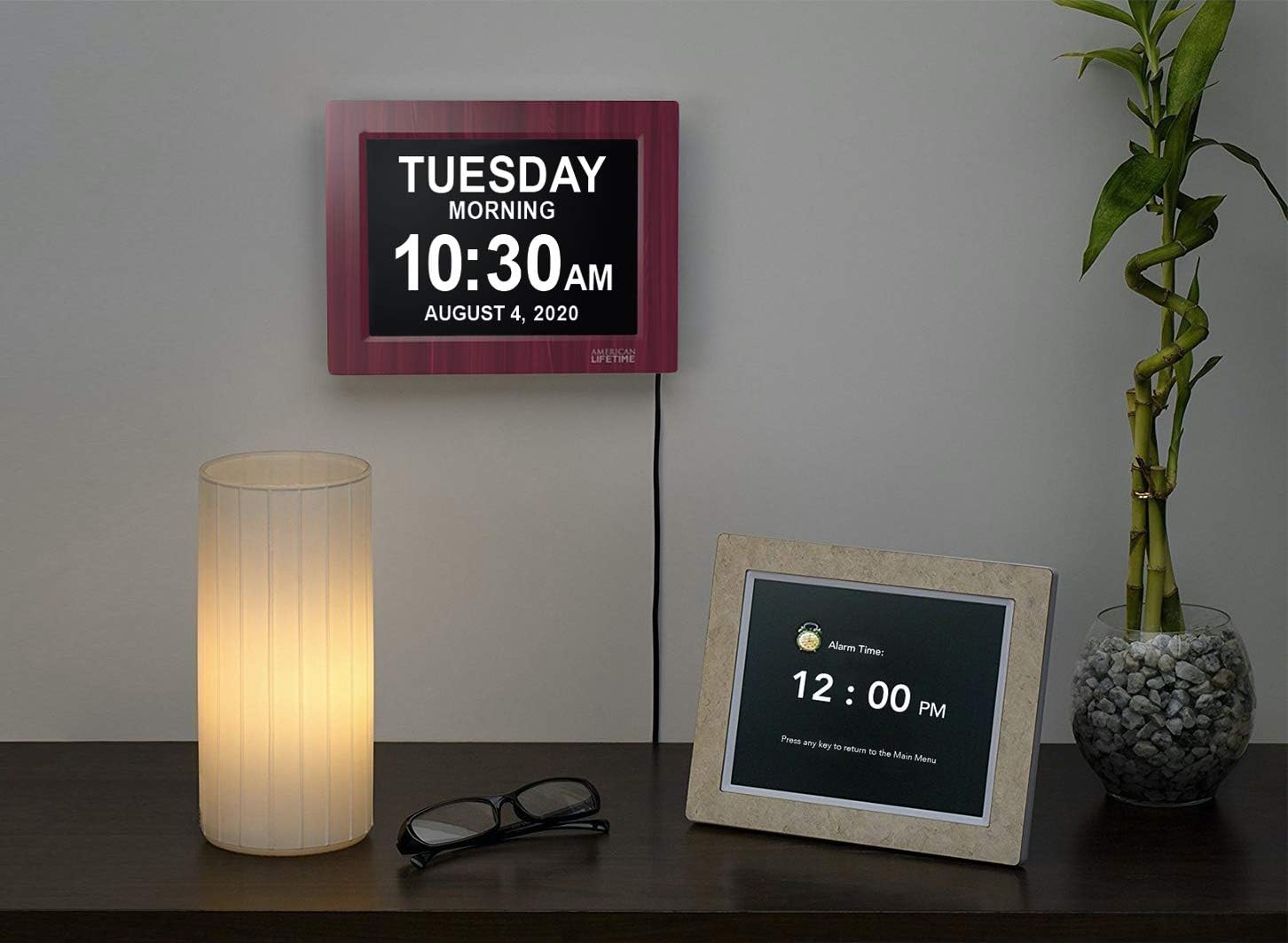 American Lifetime, Newest Version, Day Clock Extra Large Impaired Vision Digital Clock with Battery Backup and 5 Alarm Options Great Gift Ideas, 2 Pack Mahogany