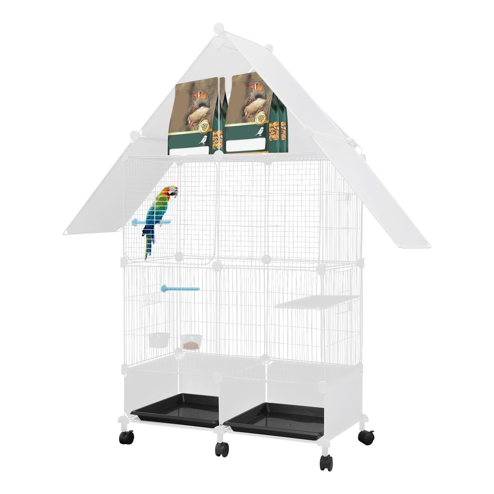 Jaula grande para pájaros con ruedas, jaula para periquitos, juguete con comedero y agua, pequeña puerta antiescape, para cría de aves domésticas en interiores y exteriores (blanco, 2º piso)