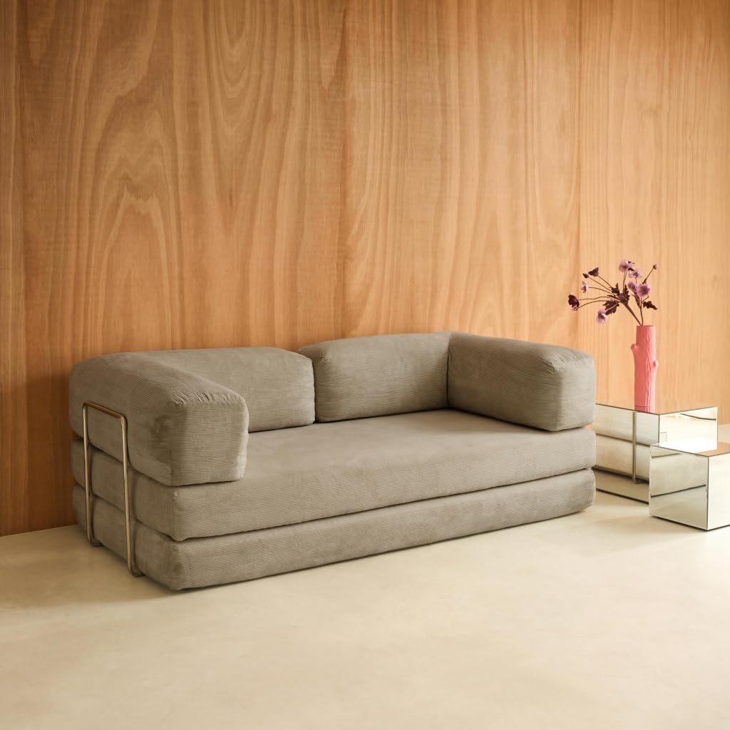 Alice's Garden sweeek - Canapé Vintage Convertible 3 Places en Velours côtelé Taupe et Armatures chromées L 200 x P 100 x H 72cm - Seventies