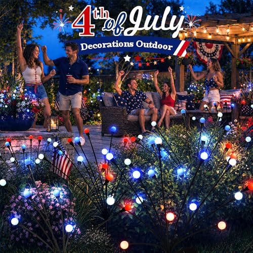 Image of 4th of July Outdoor Decorations, Red White Blue Lights Solar Firefly Lights, Patriotic Outdoor Decor for Independence Day, Fourth of July Decor for Garden Yard (4 Pack,Red, White, Blue)