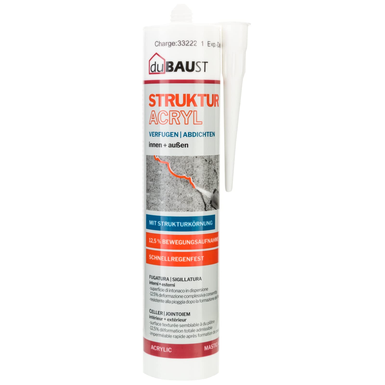 PAC24 masilla acrílica masilla estructural acrílica 12,5% absorción de movimiento estructura granular para recubrimiento, grietas, rellenos interior y exterior 310ml blanco (12)