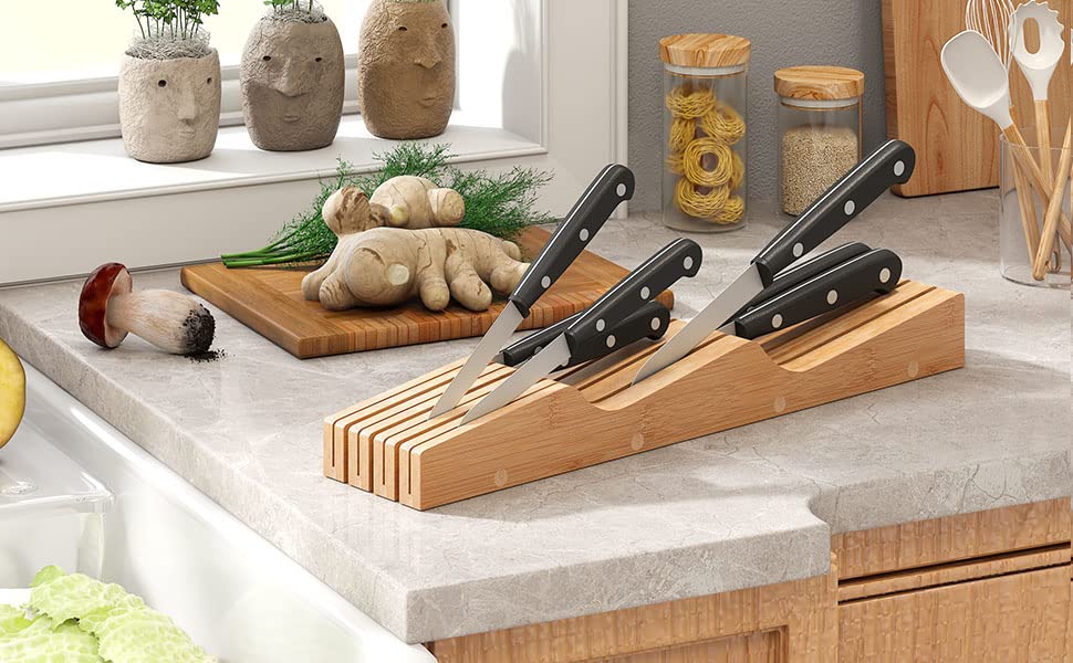In-Drawer Knife Block Organizer - Bamboo Wood Drawer Knife Organizer-Protecting Knife Organizer Block Holds Up To 7 Knivesï¼ˆNot Includedï¼‰
