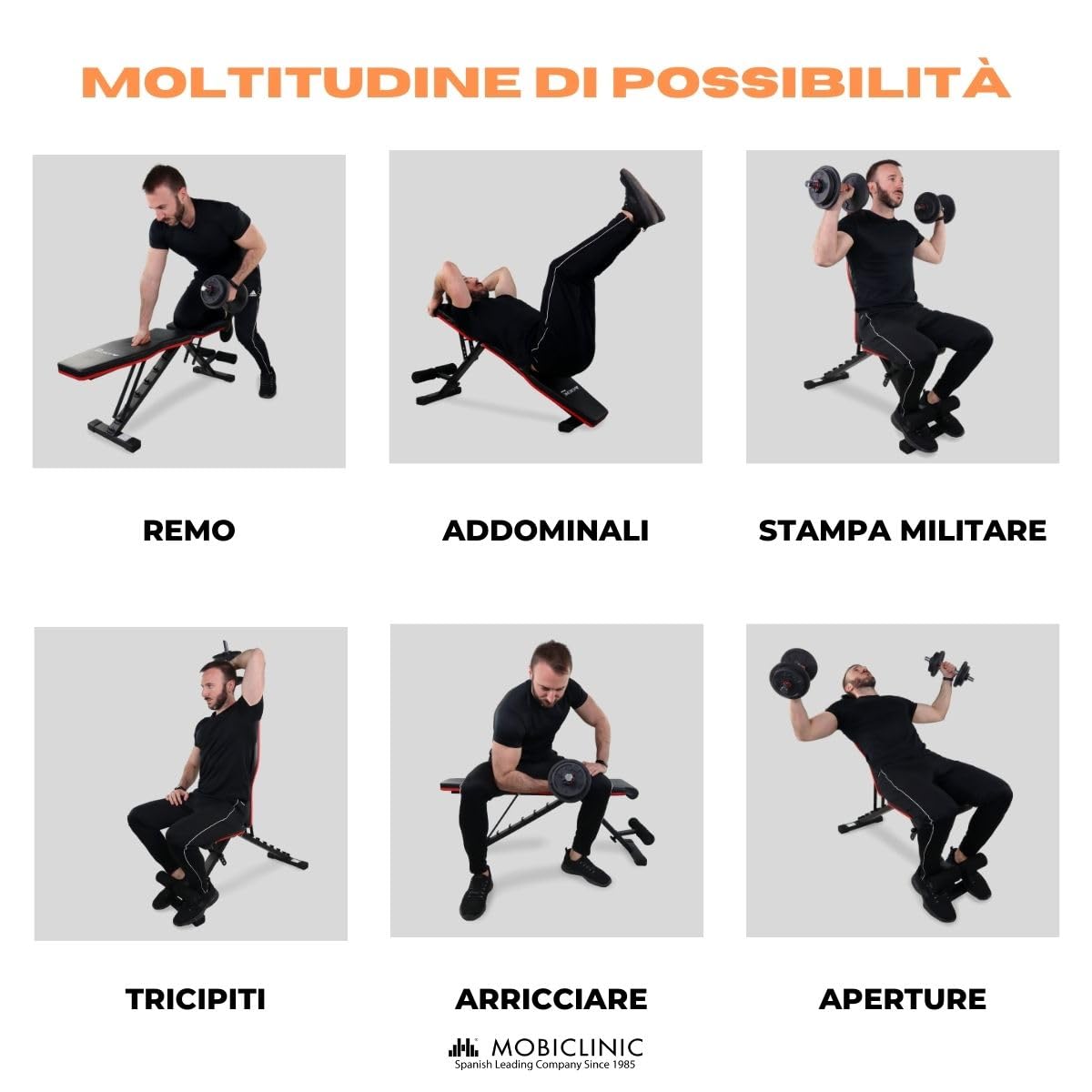 Mobiclinic® fitness, Panca per pesi, Pieghevole, Supporta 200 kg, Sedile e schienale regolabili, Flexfit, Multifunzione, Allenamento completo del corpo, Palestra domestica