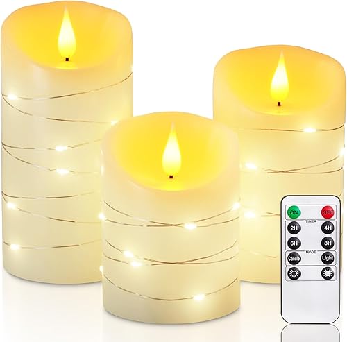 Homemory Velas sin llama con tira de luces, paquete de 3 luces LED incrustadas, velas parpadeantes eléctricas con control remoto y temporizador,