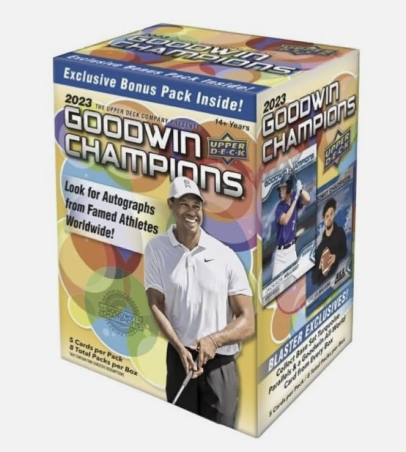 2023 Upper Deck Goodwin Champions Factory Sealed Blaster Box 8 Packs of 5 Cards. Collect Blaster Exclusive Turquoise Parallels and Goodwin All-World Inserts (One per box). Chase possible Young Guns of C.J. Stroud and other star players across multiple sports. Look for Rare Michael Jordan cards.