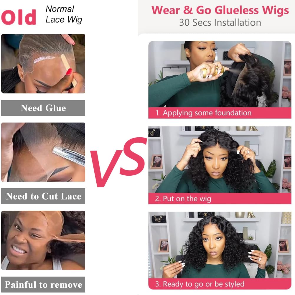 Glueless Wigs Human Hair Pre Plucked Pre Cut Wear and Go Deep Wave Lace Front Wigs Human Hair for Beginners Upgraded No Glue 5x5 Hd Lace Closure Wigs for Black Women 18 Inch