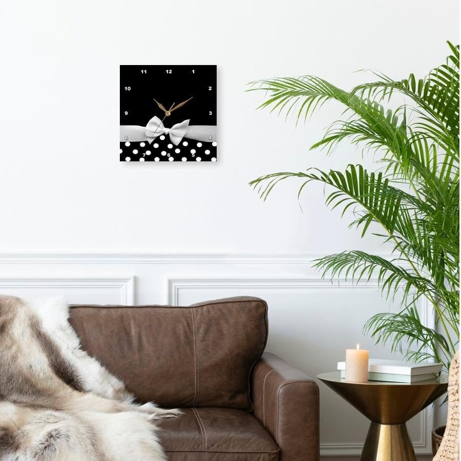 Miniatura 2 de 3dRose Wall Clock Silent - 15 inch - Retro Chic Black and White Polka dots and White Ribbon Bow - 50s Classic Elegance - Ribbon Designs