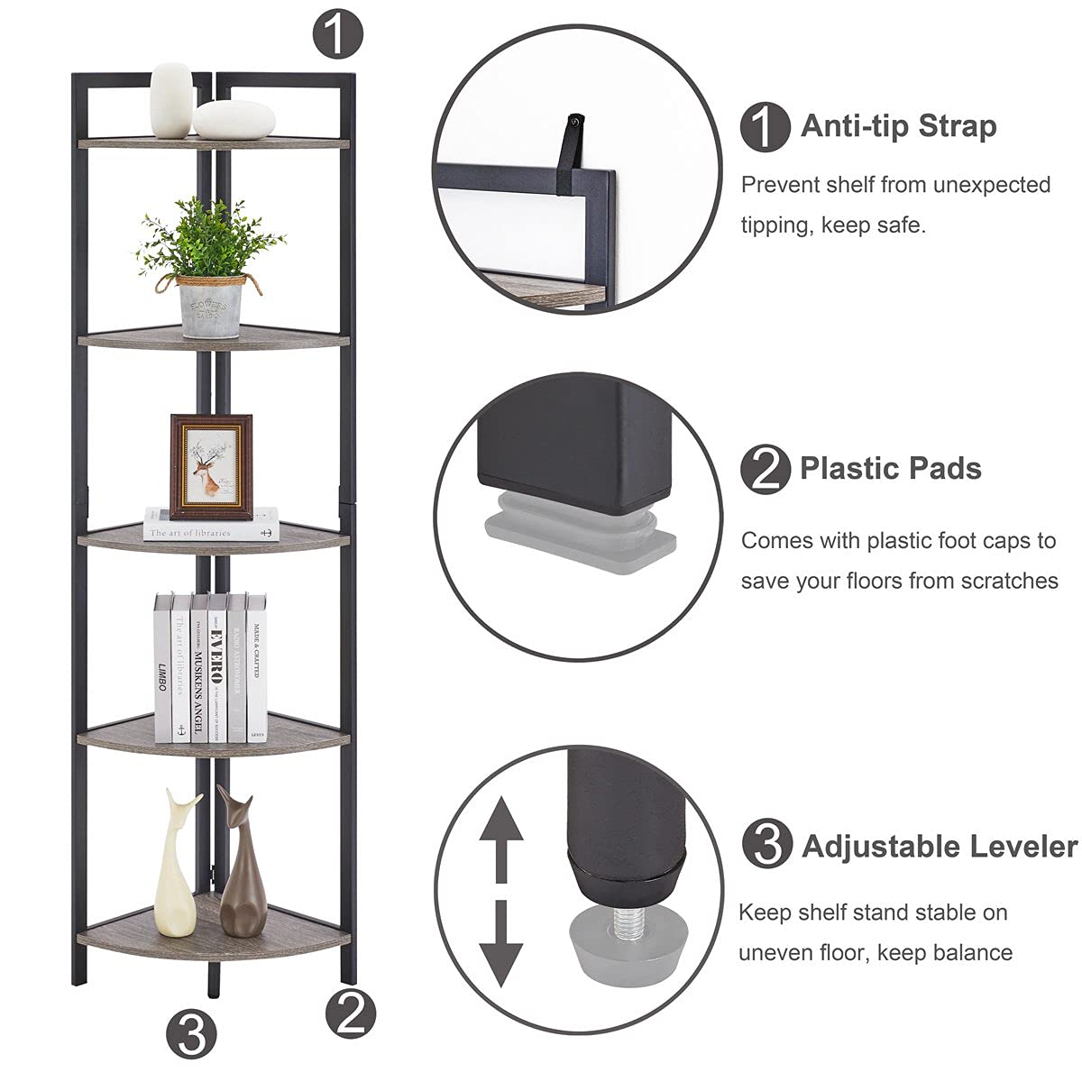 BON AUGURE Industrial Corner Shelf Stand, Rustic 5Tier Tall Corner