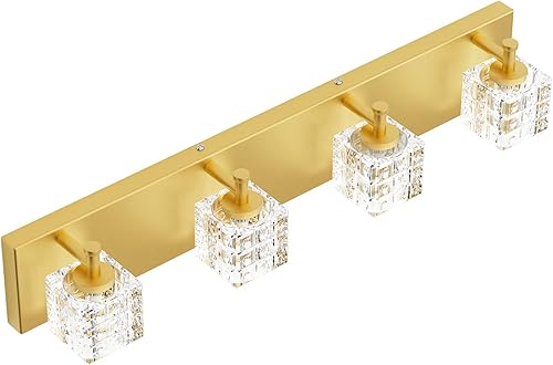 Miniatura 7 de Ralbay Lámparas de tocador de baño doradas 4 luces doradas modernas de cristal para baño, lámpara de tocador dorada moderna para baño