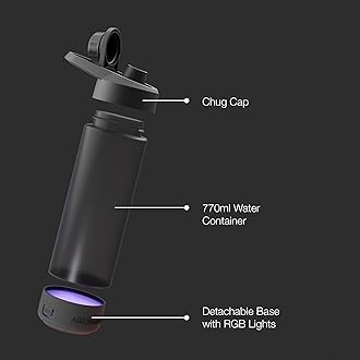 Aquaminder Smart Water Bottle Glows & Beeps to Remind You to Drink More 770 ml Chug Cap Bottle For Adults and Kids Perfect For Gift, Travel, Gym, Yoga, Black, Silicone