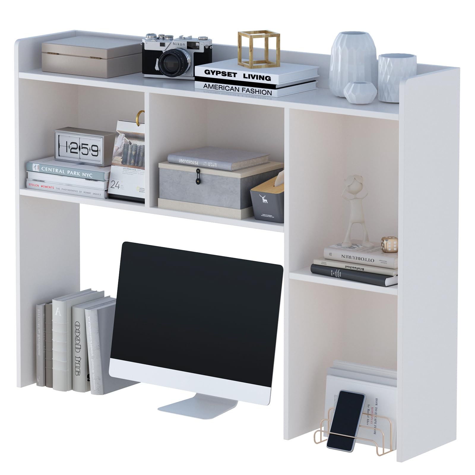 OSCHF Wooden Desktop Hutch Bookshelf - Free Standing Desk Storage Shelf with Top Edge for Computer Desk, Desktop Bookcase for Dorm, Home or Office,